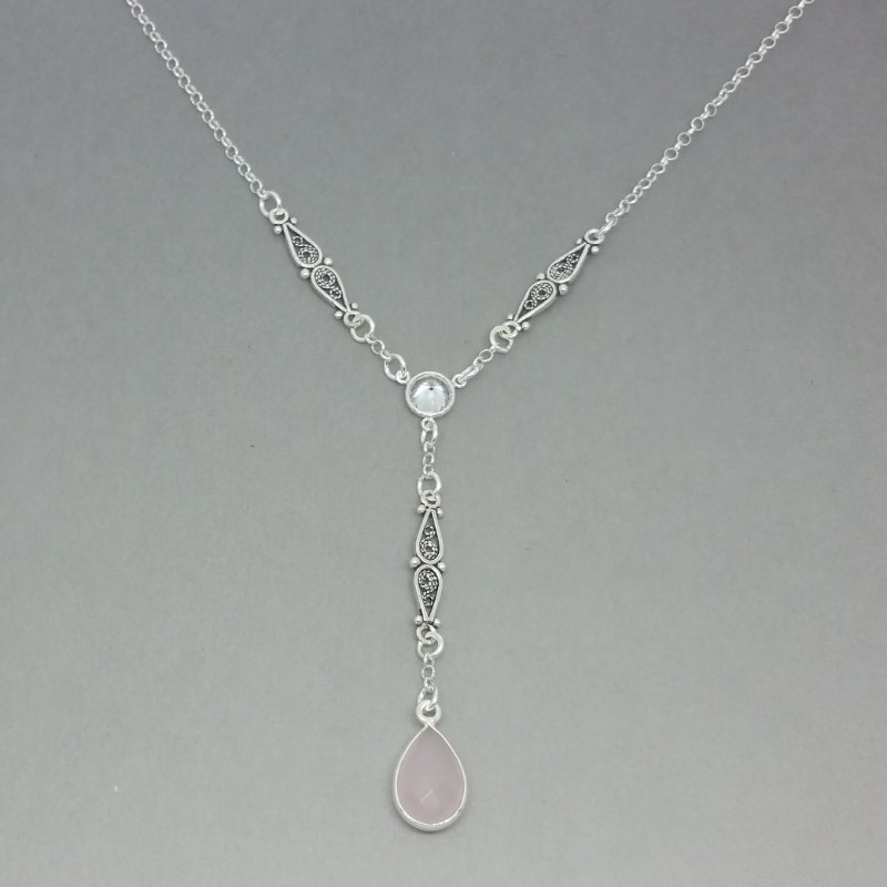rose quartz and sterling silver lariat necklace